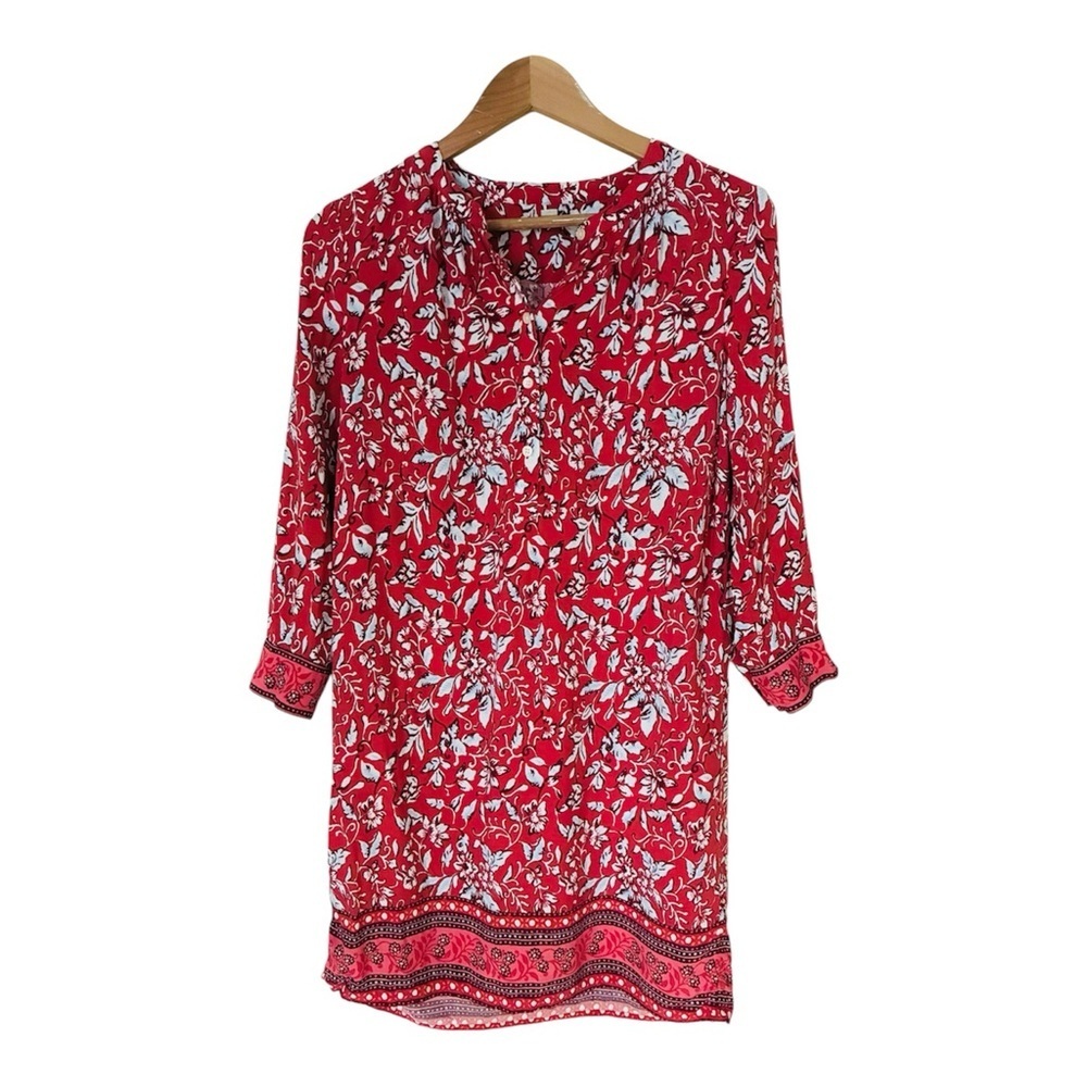 Ann Taylor LOFT Dark Coral Floral Boarder Henley Shirt Dress Small Petite PS SP - Picture 3 of 9